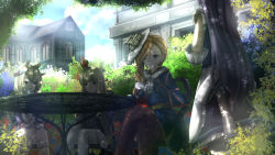 Rule 34 | 4girls, :d, apron, azur lane, belfast (azur lane), black legwear, blonde hair, blue capelet, blue eyes, blue flower, blue shirt, blue skirt, blue sky, blunt bangs, blush, bush, capelet, closed mouth, commentary request, cowboy shot, cross, crossed legs, crown, cup, elbow gloves, eyebrows hidden by hair, flower, frilled apron, frilled gloves, frilled skirt, frills, from behind, fur, fur collar, fur trim, gloves, hand on own knee, hand up, hat, highres, holding, holding cup, hood (azur lane), house, long hair, long sleeves, looking at another, looking at object, looking down, loots, maid, maid apron, miniskirt, multiple girls, one eye closed, open mouth, outdoors, pantyhose, pointy hair, purple eyes, queen elizabeth (azur lane), red flower, shadow, shirt, short sleeves, sitting, skirt, sky, smile, table, teacup, tree, union jack, very long hair, warspite (azur lane), white gloves, white legwear, window