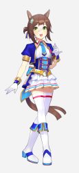 Rule 34 | 1girl, animal ears, belt, blue jacket, blue ribbon, boots, brown eyes, collared dress, commentary request, cropped jacket, dress, fine motion (umamusume), glorious azure costume (umamusume), gloves, green hair, grey background, hair ornament, hair ribbon, highres, horse ears, horse girl, horse tail, jacket, layered dress, looking at viewer, multicolored hair, necktie, open mouth, pleated dress, ribbon, short dress, short hair, short sleeves, simple background, single horizontal stripe, smile, solo, standing, tail, tan (inka), thighhighs, two-tone hair, umamusume, white dress, white footwear, white gloves, white hair, white thighhighs, yellow belt