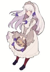 Rule 34 | 1girl, apron, basket, black footwear, blush, brown pantyhose, closed mouth, commentary, cookie, do m kaeru, dress, fire emblem, fire emblem: three houses, fire emblem heroes, floating hair, food, full body, grey apron, hair ribbon, holding, holding basket, long hair, long sleeves, looking at viewer, lysithea von ordelia, lysithea von ordelia (tea party), maid headdress, nintendo, official alternate costume, pantyhose, pink eyes, purple ribbon, ribbon, shoes, simple background, solo, waist apron, white background, white dress, white hair
