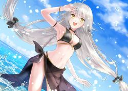 Rule 34 | 1girl, :d, agaq7, ahoge, arm strap, bad id, bad pixiv id, bikini, black bikini, blue sky, bracelet, breasts, cleavage, cloud, cowboy shot, day, dutch angle, fate/grand order, fate (series), floating hair, hair between eyes, hair ornament, heroic spirit festival outfit, highres, jeanne d&#039;arc (fate), jeanne d&#039;arc alter (fate), jeanne d&#039;arc alter (festival outfit) (fate), jewelry, long hair, looking at viewer, ocean, official alternate costume, open mouth, outdoors, sarong, see-through, shiny skin, sideboob, silver hair, sky, smile, solo, standing, swimsuit, very long hair, yellow eyes