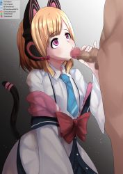 Rule 34 | 1boy, 1girl, absurdres, artist name, blonde hair, blue archive, cat tail, censored, clothed female nude male, commission, fellatio, handjob, headphones, highres, lips, momoi (blue archive), necktie, nose, nude, oral, penis, pink eyes, ribbon, saliva, saliva trail, simple background, tail, tomodachi (tomofanart)