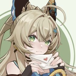 Rule 34 | :3, ahoge, animal ears, bare shoulders, black choker, black gloves, bumingdaima 1623, cat ears, choker, commentary request, fingerless gloves, genshin impact, gloves, green background, green eyes, grey hair, hair ornament, hairclip, hands up, highres, holding, holding letter, kirara (genshin impact), letter, long hair, looking at viewer