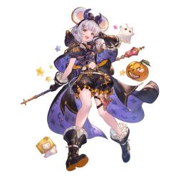 Rule 34 | 1girl, alpha transparency, animal ears, black cape, black gloves, black shirt, black shorts, blush, boots, cape, fake animal ears, fake horns, frilled gloves, frilled shirt, frilled shorts, frills, full body, gloves, granblue fantasy, h, hair ornament, halloween, holding, holding scepter, horns, jack-o&#039;-lantern, looking at viewer, midriff, minaba hideo, mouse (animal), mouse ears, navel, official alternate costume, open mouth, puffy short sleeves, puffy sleeves, red eyes, scepter, shirt, short sleeves, shorts, solo, suspenders, v, vikala (granblue fantasy)