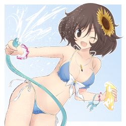 Rule 34 | 10s, 1girl, ;d, akiyama yukari, bad id, bad twitter id, bikini, blue background, blue bikini, bow, bow bikini, bracelet, breasts, brown eyes, brown hair, bullet, cleavage, commentary request, dutch angle, flower, frilled bikini, frills, getsumen suibaku ver. a(c), girls und panzer, hair flower, hair ornament, halterneck, highres, holding, hose, jewelry, light particles, looking at viewer, medium breasts, messy hair, navel, necklace, one eye closed, open mouth, outside border, short hair, side-tie bikini bottom, smile, solo, sponge, standing, sunflower, swimsuit, water drop