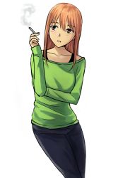 Rule 34 | 1girl, arm across chest, bad id, bad pixiv id, black pants, brown eyes, brown hair, cigarette, green shirt, hair between eyes, hand up, highres, pants, reiquant, shirt, simple background, smoking, solo, standing, white background, yesterday wo utatte, yuzuhara chika