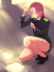 Rule 34 | 1girl, bare legs, earrings, em (totsuzen no hakike), closed eyes, jewelry, legs, long legs, microskirt, military, military uniform, minna-dietlinde wilcke, on one knee, paper, pencil skirt, red hair, skirt, solo, squatting, strike witches, sunlight, thighs, uniform, world witches series