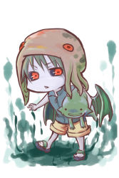 Rule 34 | 1boy, cthulhu, cthulhu mythos, green hair, male focus, open mouth, personification, red eyes, sandals, sca07cpm0005tm, short hair, shorts, smile, solo