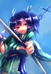 Rule 34 | 10s, 1girl, blue background, blue eyes, blue hair, bow (weapon), dutch angle, flight deck, hair ribbon, hakama, hakama short skirt, hakama skirt, japanese clothes, kantai collection, looking at viewer, matching hair/eyes, open mouth, pointing, pointing at viewer, radical red, ribbon, short twintails, skirt, solo, souryuu (kancolle), twintails, weapon, wide sleeves