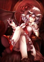 Rule 34 | 1girl, alcohol, ascot, bat wings, bloomers, bobby socks, brooch, chair, crossed legs, cup, dress, drinking glass, earrings, fami (yellow skies), hat, highres, jewelry, lips, mary janes, nail polish, purple hair, red eyes, red nails, remilia scarlet, revision, shoes, short hair, sitting, slit pupils, smile, socks, solo, throne, touhou, underwear, white socks, wine, wine glass, wings, wrist cuffs