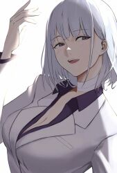 Rule 34 | 1girl, absurdres, alternate costume, arm up, bandaged neck, bandages, breasts, cleavage, earpiece, girls&#039; frontline, grey hair, highres, jacket, large breasts, light blush, long sleeves, looking at viewer, medium hair, open mouth, parted lips, purple eyes, purple shirt, rpk-16 (girls&#039; frontline), rpk-16 (renate) (girls&#039; frontline), saturndxy, shirt, smile, solo, teeth, upper body, upper teeth only, white background, white jacket