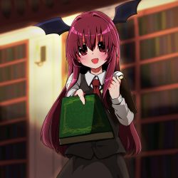 Rule 34 | 1girl, :d, absurdres, bat wings, black skirt, black vest, blurry, blurry background, blush, book, bookshelf, collared shirt, depth of field, dress shirt, foreshortening, giving, hair between eyes, halllllllas, head wings, highres, holding, holding book, koakuma, long hair, long sleeves, looking at viewer, necktie, open mouth, outstretched arm, red eyes, red hair, red necktie, shirt, sidelocks, skirt, skirt set, smile, solo, touhou, very long hair, vest, white shirt, wings