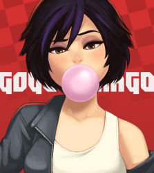 Rule 34 | 1girl, bad id, bad pixiv id, big hero 6, black hair, brown eyes, blowing bubbles, character name, chewing gum, gogo tomago, jacket, leather, leather jacket, maou alba, multicolored hair, off shoulder, portrait, purple hair, short hair, solo
