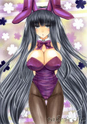 Rule 34 | 1girl, alternate breast size, animal ears, bare shoulders, black eyes, black hair, blush, bow, bowtie, breasts, cleavage, covered erect nipples, detached collar, fake animal ears, huge breasts, large breasts, leotard, long hair, looking at viewer, marker (medium), pantyhose, playboy bunny, rabbit ears, solo, standing, suou kuyou, suzumiya haruhi no yuuutsu, takecha, traditional media, very long hair, wrist cuffs