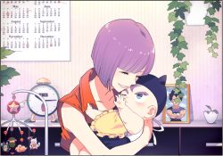 Rule 34 | 1boy, 1girl, aged down, alarm clock, alternate hair color, baby, bib, black border, blue eyes, blunt bangs, bob cut, border, bulma, calendar (object), character doll, clock, closed eyes, crossed arms, dragon ball, dragonball z, flower pot, flying nimbus, grin, gum (gmng), hat, indoors, karin (dragon ball), mature female, mobile, mother and son, one eye closed, oolong, photo (object), picture frame, plant, potted plant, puar, purple hair, smile, trunks (dragon ball), vegeta