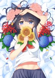 Rule 34 | 1girl, absurdres, animal ears, arm up, black hair, blue eyes, breasts, cat ears, flower, highres, holding, holding paintbrush, hydrangea, large breasts, long hair, looking at viewer, lying, navel, on back, original, paint tube, paintbrush, partially submerged, school uniform, shirt, solo, spider lily, sunflower, tachibanashiro17, water, white shirt