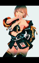 Rule 34 | 1girl, armpits, bare shoulders, belt, bikini, black bikini, black jacket, black thighhighs, blue nails, breasts, brown hair, cleavage, collarbone, contrapposto, covered erect nipples, covering own mouth, cowboy shot, dog tags, earrings, halterneck, highres, jacket, jewelry, large breasts, letterboxed, long sleeves, looking at viewer, monq, multicolored hair, nail polish, off shoulder, open clothes, open jacket, orange eyes, orange hair, original, puffy sleeves, short hair, solo, standing, stomach, strap gap, streaked hair, swimsuit, thighhighs, thighs, two-tone hair