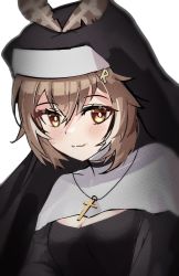Rule 34 | 1girl, :3, alternate costume, black dress, black veil, brown eyes, brown hair, cleavage cutout, clothing cutout, cross, dress, habit, hair ornament, hairclip, highres, hololive, hololive english, jewelry, looking at viewer, mayuchii, multicolored hair, nanashi mumei, necklace, nun, robe, streaked hair, veil, virtual youtuber