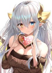 Rule 34 | 1girl, bare shoulders, blue eyes, braid, brown sweater, earrings, gift, hair between eyes, hair ornament, highres, holding, holding gift, horns, ideal (p&amp;d), jewelry, kanaria hisagi, long hair, looking at viewer, multicolored eyes, off-shoulder sweater, off shoulder, pointy ears, puzzle &amp; dragons, silver hair, solo, sweat, sweater, white background, yellow eyes