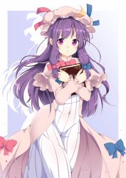 Rule 34 | 1girl, book, hugging book, boushi (nandemo), capelet, coat, crescent, crescent hair ornament, dress, hair ornament, hair ribbon, hat, highres, holding, holding book, hugging object, long hair, long sleeves, looking at viewer, mob cap, open clothes, open coat, patchouli knowledge, purple eyes, purple hair, ribbon, solo, striped clothes, striped dress, touhou, tress ribbon, very long hair, white dress