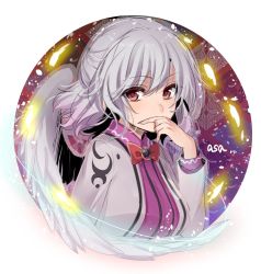 Rule 34 | 1girl, artist name, asa (coco), blush, bow, bowtie, covering own mouth, expressionless, hand on own face, jacket, kishin sagume, long sleeves, looking at viewer, open clothes, outside border, red eyes, round image, short hair, silver hair, single wing, solo, touhou, transparent background, upper body, wings