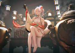 Rule 34 | :3, absurdres, arknights, bracelet, braid, china dress, chinese clothes, dragon, dress, feet, fuann, highres, holding, holding instrument, instrument, jewelry, looking at viewer, nian (arknights), nian (unfettered freedom) (arknights), official alternate costume, pointy ears, ponytail, purple eyes, single braid, sitting, smoke, solo, white hair