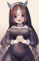 Rule 34 | 1girl, absurdres, alternate costume, animal ears, black hair, blush, braid, breasts, commentary request, cross, halloween, hi ch mng, highres, hokko tarumae (umamusume), horse girl, large breasts, long braid, long hair, looking at viewer, navel, nun, open mouth, own hands clasped, own hands together, purple eyes, simple background, solo, twin braids, umamusume