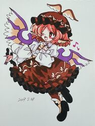 Rule 34 | 1girl, animal ears, bird ears, bird wings, black footwear, blush stickers, brown dress, brown eyes, brown hat, brown socks, dated, dress, earrings, eighth note, fingernails, frilled dress, frilled sleeves, frills, full body, furiba 794, hat, highres, jewelry, kneehighs, long fingernails, long sleeves, musical note, mystia lorelei, nail polish, one eye closed, open mouth, pink hair, purple nails, sharp fingernails, shoes, short hair, single earring, smile, socks, solo, touhou, traditional media, white wings, wide sleeves, winged footwear, winged hat, wings