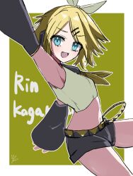 Rule 34 | 1girl, aqua eyes, arched back, bare shoulders, belt, black sailor collar, black shorts, black sleeves, blonde hair, bow, breasts, character name, crop top, fang, green background, hair bow, hair ornament, hairclip, hand up, headphones, headset, highres, kagamine rin, midriff, narrow waist, navel, neckerchief, open mouth, sailor collar, short shorts, shorts, small breasts, smile, solo, vocaloid, white bow, yatsuwo emiya, yellow neckerchief