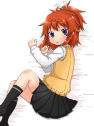 Rule 34 | 1girl, bed sheet, black skirt, black socks, blue eyes, blush, brown hair, closed mouth, commentary request, from above, hair ribbon, high ponytail, kneehighs, koshigaya natsumi, long hair, long sleeves, looking at viewer, looking to the side, lying, no shoes, non non biyori, on side, pleated skirt, ribbon, shika (s1ka), shirt, skirt, socks, solo, sweater vest, tongue, tongue out, white ribbon, white shirt