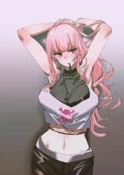 Rule 34 | 1girl, armpits, arms up, breasts, crop top, earrings, gold, highres, hololive, hololive english, jewelry, large breasts, midriff, mori calliope, navel, pants, pink hair, ponytail, red eyes, set7, skull and crossbones, solo, virtual youtuber