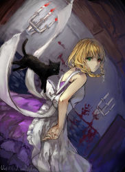 Rule 34 | 1girl, animal, apron, bad id, bad pixiv id, black cat, blonde hair, blood, bow, braid, candelabra, candle, candlestand, cat, dress, dutch angle, expressionless, fancybetty, frills, heterochromia, highres, looking at viewer, looking back, majo no ie, purple dress, sleeveless, sleeveless dress, solo, twin braids, viola (majo no ie)