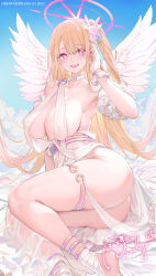Rule 34 | 1girl, absurdres, angel wings, anklet, ass, bare shoulders, blonde hair, blue sky, blush, breasts, character signature, cleavage, collarbone, commentary, covered erect nipples, dishwasher1910, dress, english commentary, gloves, halo, highres, hoshino ruby, jewelry, large breasts, long hair, looking at viewer, one side up, open mouth, oshi no ko, pink eyes, sideboob, signature, sky, smile, solo, star-shaped pupils, star (symbol), symbol-shaped pupils, thighlet, thighs, white dress, white gloves, wings