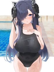 Rule 34 | 1girl, absurdres, august von parseval (azur lane), azur lane, black hair, black one-piece swimsuit, breasts, collarbone, commission, competition swimsuit, covered navel, futon fly away, hair over one eye, hand in own hair, highres, horns, large breasts, long hair, one-piece swimsuit, pixiv commission, pool, poolside, purple eyes, solo, swimsuit, very long hair, water, wet, wet clothes, wet swimsuit