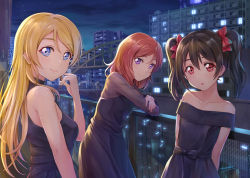 Rule 34 | 10s, 3girls, :o, against railing, arm support, arms behind back, ayase eli, bare shoulders, bibi (love live!), black dress, black hair, blonde hair, blue eyes, blush, bow, building, city, closed mouth, collarbone, commentary request, dress, hair bow, hair down, highres, leaning forward, long hair, long sleeves, looking at viewer, love live!, love live! school idol project, medium hair, multiple girls, night, nishikino maki, off-shoulder dress, off shoulder, outdoors, parted bangs, parted lips, purple eyes, railing, red bow, red eyes, red hair, see-through, shamakho, sleeveless, sleeveless dress, smile, standing, strapless, strapless dress, swept bangs, tareme, twintails, yazawa nico