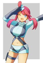 Rule 34 | 1girl, arms up, blue eyes, blue shorts, blush, breasts, commentary, creatures (company), crop top, eyelashes, game freak, gloves, gym leader, hair ornament, highres, holster, navel, nintendo, open mouth, peppedayo ne, pink hair, pokemon, pokemon bw, pouch, salute, short shorts, shorts, sidelocks, skyla (pokemon), smile, solo, standing, thigh pouch, thigh strap, thighs, two-tone background