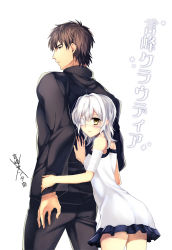 Rule 34 | 1boy, 1girl, amakura (am as), bandages, brown eyes, brown hair, claudia hortensia, couple, dress, eyepatch, fate/zero, fate (series), height difference, hetero, husband and wife, kotomine kirei, short hair, size difference, wavy hair, white hair, yellow eyes