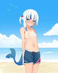 Rule 34 | 1girl, absurdres, amrb, animal hair ornament, arms behind back, bare shoulders, beach, bikini tan, blue eyes, blue male swimwear, blue one-piece swimsuit, blue sky, blue swim trunks, blush, breasts, closed mouth, cloud, collarbone, cowboy shot, crossdressing, day, drawstring, embarrassed, exhibitionism, facing viewer, fins, fish tail, flat chest, gawr gura, hair ornament, highres, hololive, hololive english, looking at viewer, male swimwear, male swimwear challenge, midriff, navel, nervous, nipples, nose blush, ocean, one-piece swimsuit, outdoors, public indecency, sand, shark girl, shark hair ornament, shark tail, shore, shy, sky, small breasts, solo, standing, stomach, summer, sweat, sweatdrop, swim trunks, swimsuit, tail, tan, tanline, thighs, tomboy, topless, virtual youtuber, water, water drop