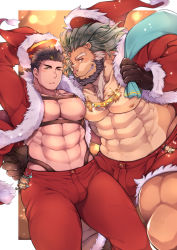 Rule 34 | 2boys, abs, animal ears, arsalan (tokyo houkago summoners), bara, bare pectorals, beard, black hair, blush, bulge, chest hair, chest harness, christmas, couple, facial hair, fur-trimmed jacket, fur trim, furry, furry male, furry with non-furry, gift bag, green hair, halo, hand on another&#039;s waist, harness, hat, highres, interspecies, jacket, jewelry, large pectorals, lion boy, lion ears, male focus, mature male, medium hair, multicolored hair, multiple boys, muscular, muscular male, necklace, nipples, open clothes, open jacket, pants, pectorals, red pants, red shorts, santa costume, santa hat, short hair, shorts, smile, sparkle, stomach, stubble, thick thighs, thighs, tokyo houkago summoners, two-tone hair, wafu (youzora samo18), yaoi, yellow eyes, zabaniyya (housamo)