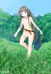 Rule 34 | 1girl, bag, belt, black eyes, black hair, brown belt, clear sky, collarbone, day, flat chest, full body, grass, highres, holding, knife, leather belt, long hair, mountainous horizon, nature, nipples, no nose, no pussy, nude, original, outdoors, parted lips, roreru (rorerore-ya), signature, sky, solo, standing, very long hair