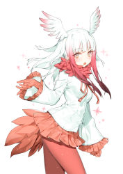 Rule 34 | 10s, 1girl, breasts, contrapposto, frilled sleeves, frills, gloves, gradient hair, head wings, highres, japanese crested ibis (kemono friends), kemono friends, long hair, medium breasts, multicolored hair, pantyhose, pleated skirt, red gloves, red hair, red pantyhose, ronopu, sidelocks, simple background, skirt, solo, standing, tail, white background, white hair, wide sleeves, wings, yellow eyes