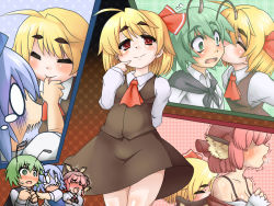 Rule 34 | 4girls, ascot, biting, blonde hair, blush, body blush, bondo, bra, breath, cirno, eyebrows, finger biting, green eyes, green hair, hair over eyes, hat, heavy breathing, kiss, lingerie, looking at viewer, mob cap, multiple girls, mystia lorelei, o o, open mouth, pimp, pink hair, red eyes, rumia, short hair, smile, surprised, team 9, tears, thick eyebrows, tongue, touhou, trembling, uncommon stimulation, underwear, undressing, wingjob, wings, wriggle nightbug, you gonna get raped, yuri
