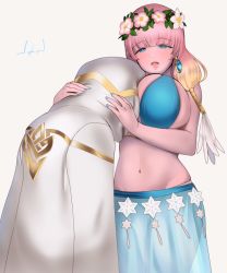 Rule 34 | 1boy, 1girl, artist name, bikini, blonde hair, blue bikini, blue eyes, breast smother, breasts, cleavage, dskn, earrings, face to breasts, fire emblem, fire emblem heroes, gradient hair, gunnthra (fire emblem), head wreath, hood, hood up, jewelry, kiran (fire emblem), large breasts, long hair, multicolored hair, nail polish, navel, nintendo, open mouth, parted lips, pink hair, sarong, simple background, swimsuit, white background