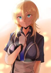 Rule 34 | 1girl, absurdres, blonde hair, blue eyes, blue shirt, breasts, collared shirt, crossed bangs, gloves, gradient neckerchief, hand on own chest, highres, kantai collection, large breasts, medium hair, military uniform, rei (ulumel), shirt, short hair, short sleeves, solo, tuscaloosa (kancolle), two-tone gloves, uniform, upper body, white gloves