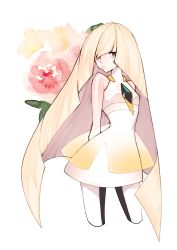 Rule 34 | 1girl, arms behind back, bare arms, blonde hair, blunt bangs, chungu, closed mouth, creatures (company), cropped legs, dress, flower, game freak, gem, green eyes, highres, long hair, looking at viewer, lusamine (pokemon), nintendo, pokemon, pokemon sm, red flower, red rose, rose, short dress, simple background, sleeveless, sleeveless dress, solo, very long hair, white background, white dress