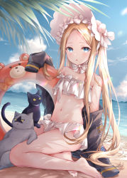 Rule 34 | 1girl, abigail williams (fate), abigail williams (swimsuit foreigner) (fate), abigail williams (swimsuit foreigner) (third ascension) (fate), annoyed, bare legs, bare shoulders, barefoot, beach, bikini, bikini skirt, black cat, black jacket, blonde hair, blue eyes, blush, bow, breasts, cat, collarbone, day, fate/grand order, fate (series), hair bow, higeneko, highres, innertube, innertube with ears, jacket, long hair, long sleeves, looking at viewer, multiple hair bows, navel, ocean, off shoulder, outdoors, parted bangs, revision, sitting, solo, stomach, swim ring, swimsuit, very long hair, white bow
