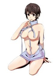 Rule 34 | 10s, 1girl, aran sweater, arm support, backless dress, backless outfit, barefoot, blue eyes, breasts, brown hair, cable knit, dress, finger to mouth, full body, grey sweater, halterneck, idolmaster, idolmaster cinderella girls, large breasts, looking at viewer, meme attire, naked sweater, naughty face, navel, oikawa shizuku, ribbed sweater, short hair, simple background, sitting, solo, sweater, sweater dress, turtleneck, turtleneck sweater, virgin killer sweater, wardrobe error, wariza, white background, wm (chawoo1357)