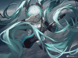 Rule 34 | 1girl, above clouds, arm tattoo, black footwear, black sleeves, blue eyes, blue hair, blue nails, blue necktie, boots, chinese commentary, cloud, collared shirt, commentary request, detached sleeves, electric guitar, floating hair, from above, full body, grey skirt, guitar, hair between eyes, hand up, hatsune miku, highres, holding, holding instrument, instrument, long hair, midair, necktie, niutoutou, one eye covered, open mouth, outdoors, shirt, skirt, sleeveless, sleeveless shirt, solo, tattoo, thigh boots, twintails, vocaloid, weibo logo, weibo watermark, white shirt