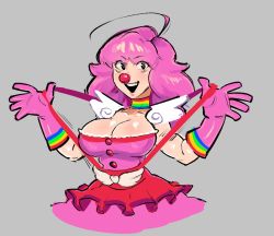 Rule 34 | 1girl, ace attorney, black eyes, breasts, choker, cleavage cutout, clothing cutout, clown girl, clown nose, female focus, geiru toneido, gloves, highres, large breasts, long hair, looking at viewer, multicolored clothes, pink hair, skirt, smile, solo, suspender skirt, suspenders, suspenders pull