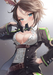 Rule 34 | 1girl, absurdres, ahoge, animal ears, bad id, bad pixiv id, belt, belt buckle, black gloves, black jacket, black necktie, blue eyes, breasts, brown hair, buckle, center frills, cleavage, closed mouth, cowboy shot, frilled shirt, frills, fuji kiseki (umamusume), gloves, gradient hair, grey background, hand on own hip, highres, horse ears, ishida umi, jacket, long sleeves, medium breasts, mouth hold, multicolored hair, necktie, necktie in mouth, no bra, open clothes, open jacket, open shirt, partially unbuttoned, shirt, short hair, smile, solo, streaked hair, two-tone hair, umamusume, wet, wet clothes, wet shirt, white hair
