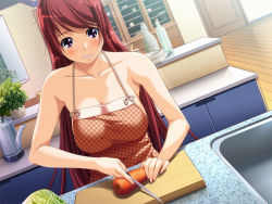 Rule 34 | 1girl, anjou marine, apron, blush, breasts, carrot, cooking, female focus, ino (magloid), long hair, naked apron, red hair, sister scheme, solo, sweatdrop